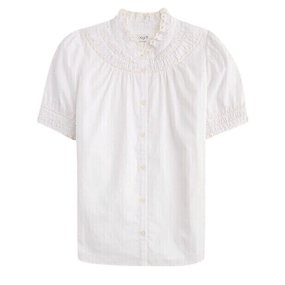 J.Crew White Cotton‎ Eyelet Ruffle Button Front Blouse Cottagecore NWT S